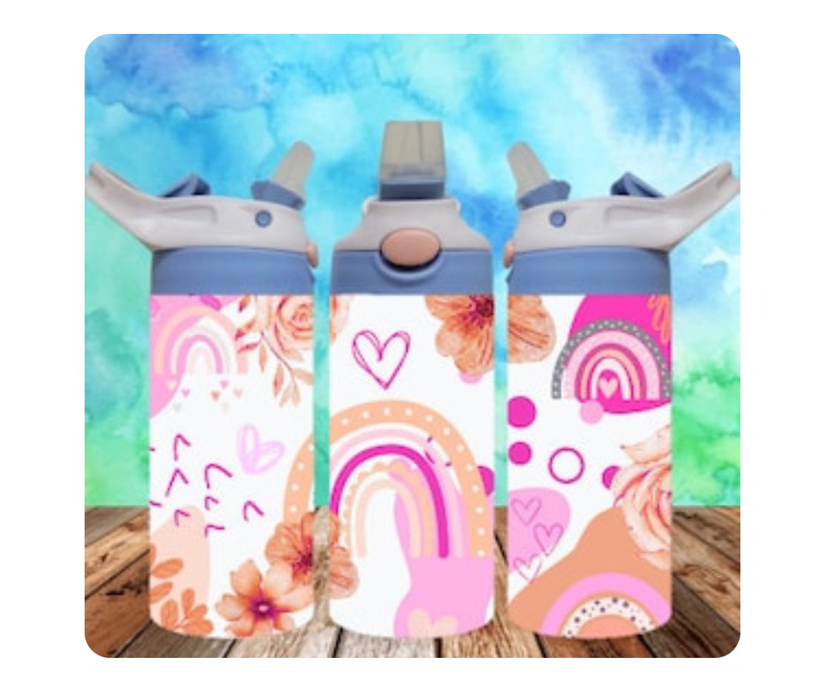 Girly rainbow heart and flower drink bottle